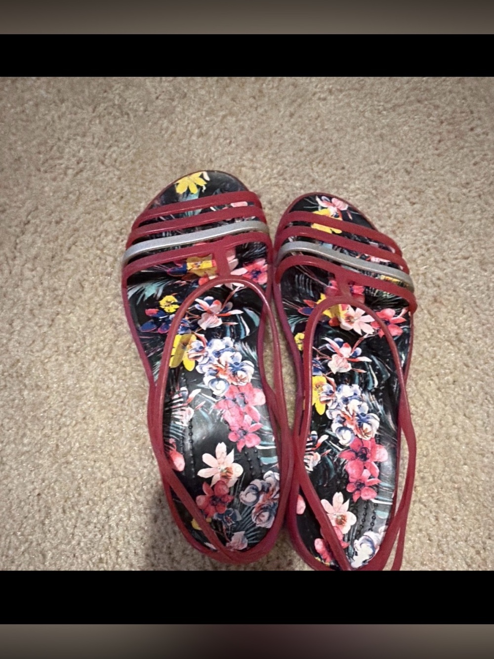 CROCS Women's Floral Sandals in Burgundy with Multicolor Footbed